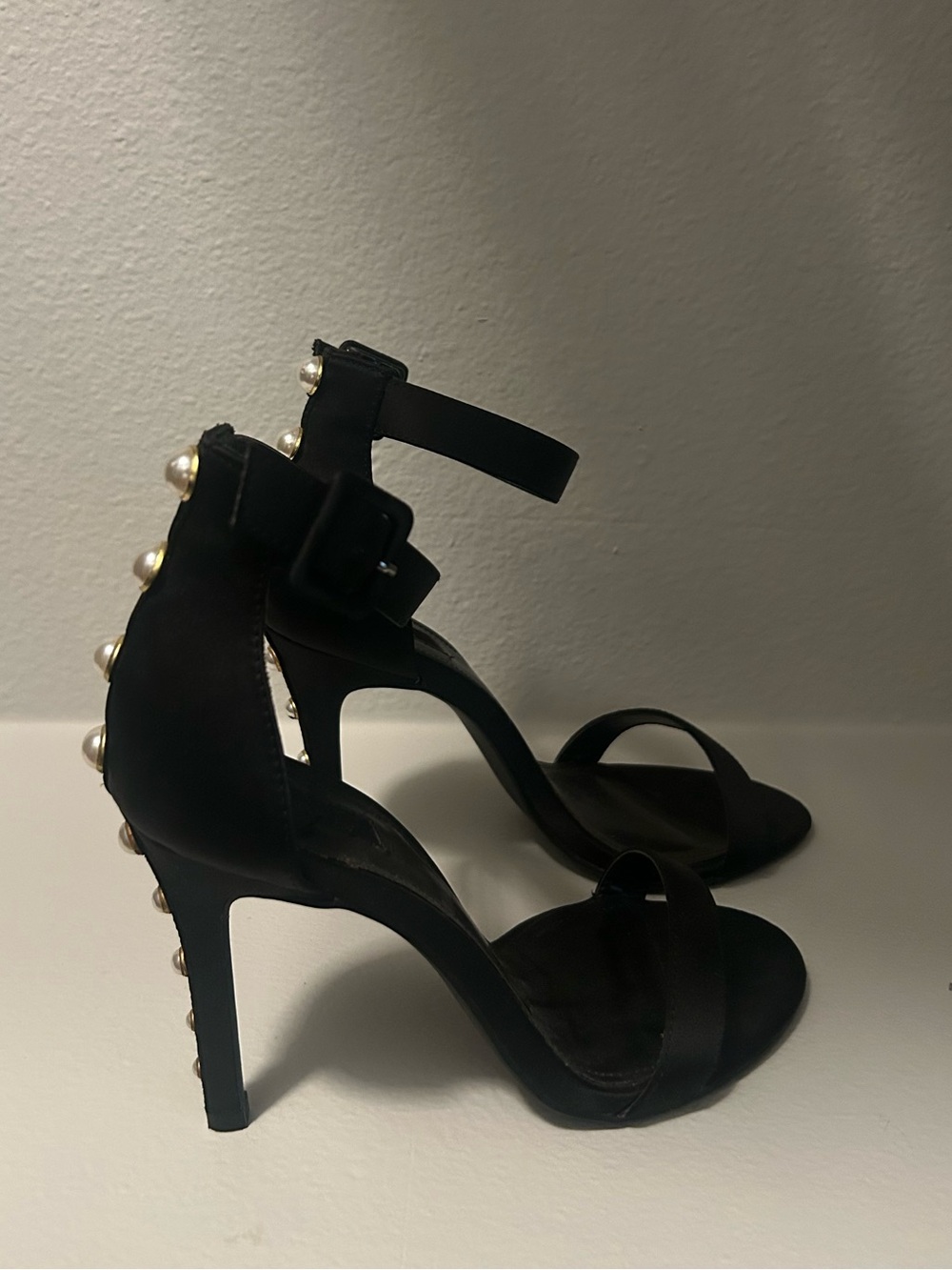 Black Pearl-Embellished Ankle Strap Heels